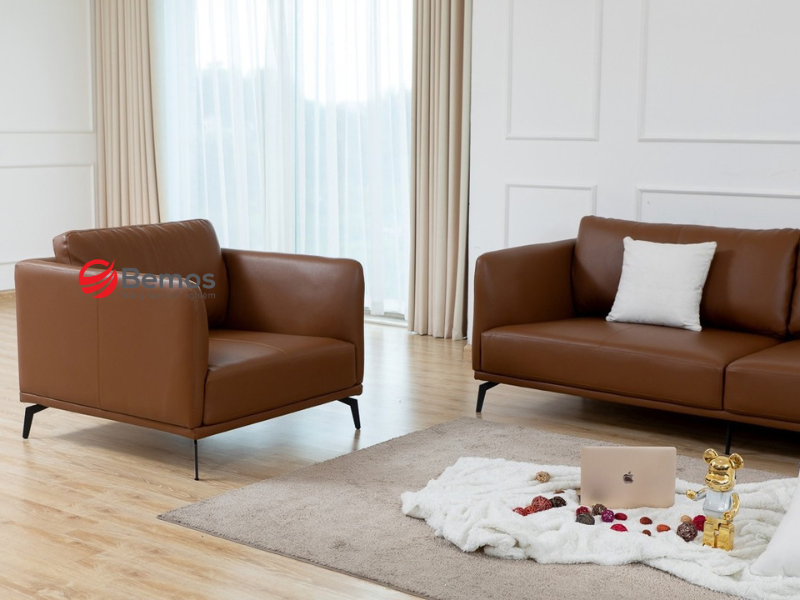 Phối màu sofa đơn màu nâu sang trọng nâng tầm phòng khách