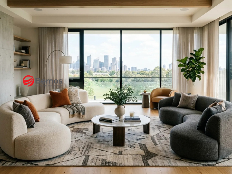 Cách phối màu và thảm trải sàn tôn trọn đường cong sofa