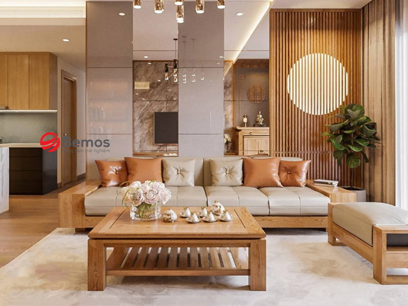 Cách biến tấu công năng sofa gỗ văng dài với đôn và bàn trà