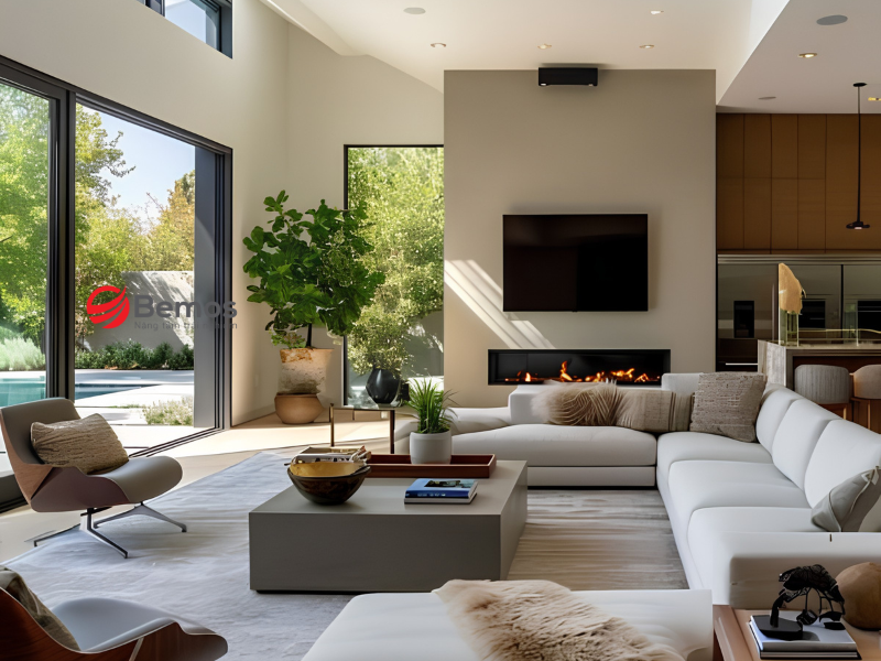 Cách bố trí sofa góc lớn làm tâm điểm thu hút cho phòng khách thông tầng